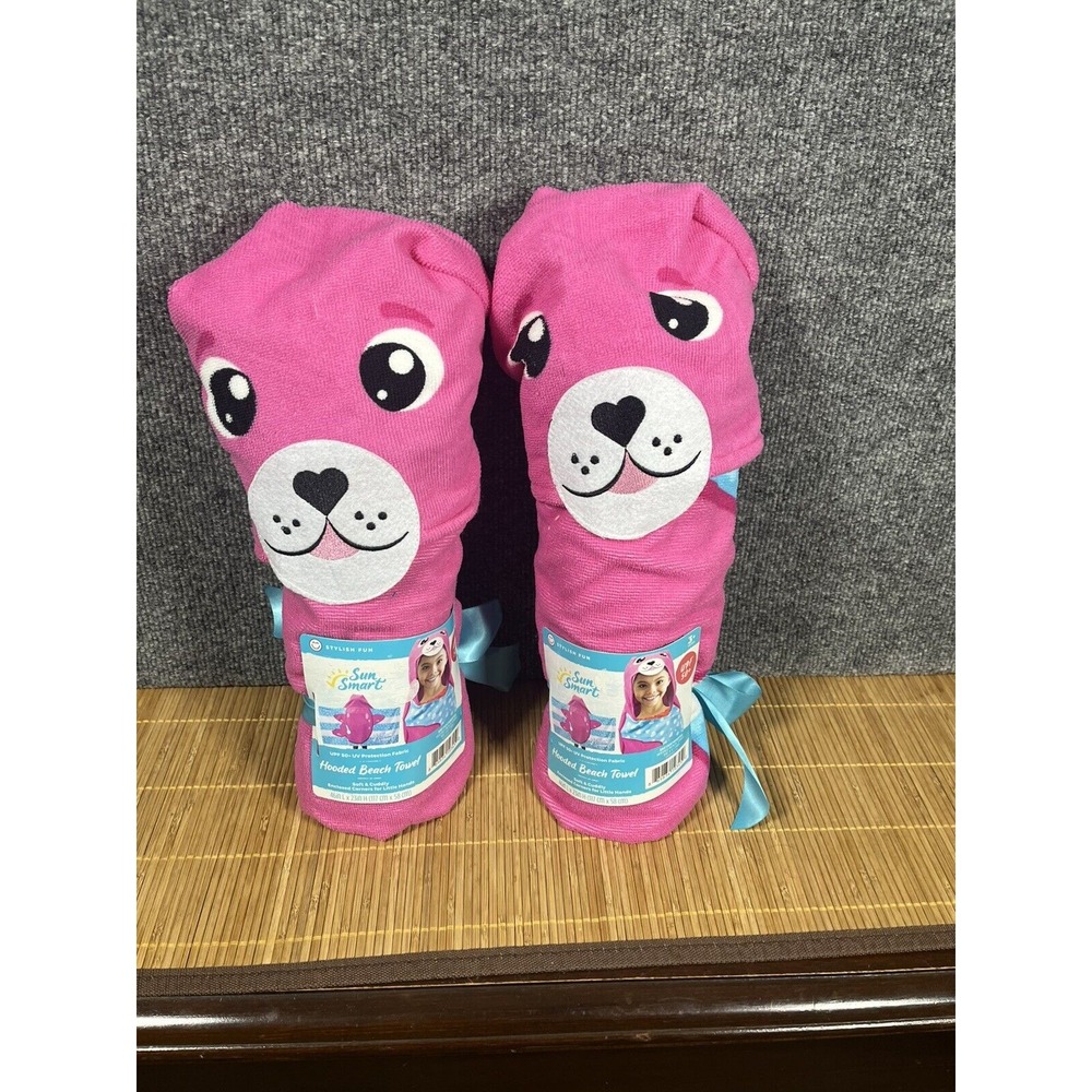 2PK Sun Smart Kids Hooded Beach Towel Pink Seal UPF 50+ UV Protection 46x23 NEW